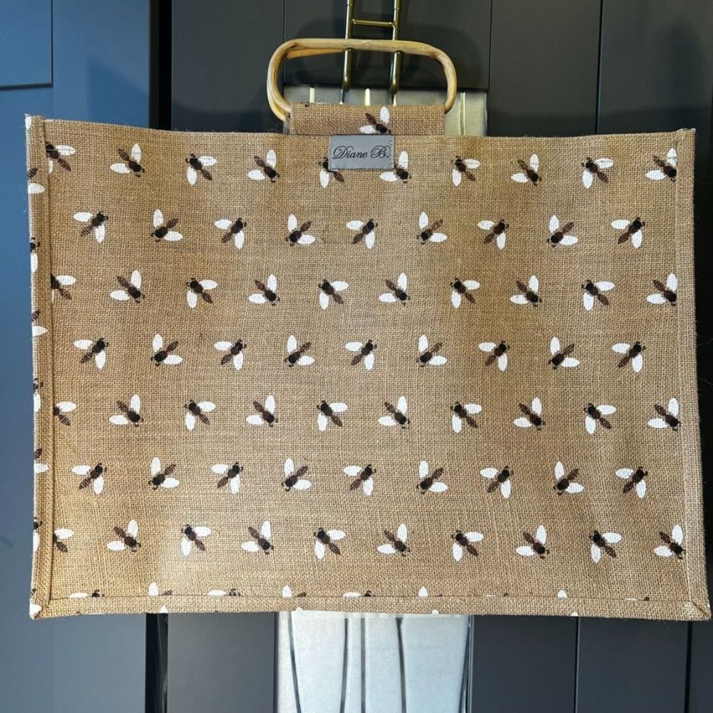 Diane B.  Bee Print Large Tote Burlap Bag  Wooden Handles NEW